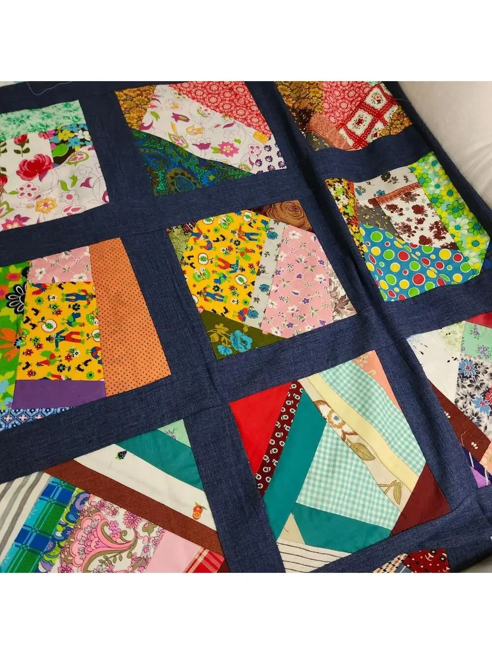 Colorful Handmade Patchwork Quilt Top PROJECT Finish Denim Borders 86x78 inches